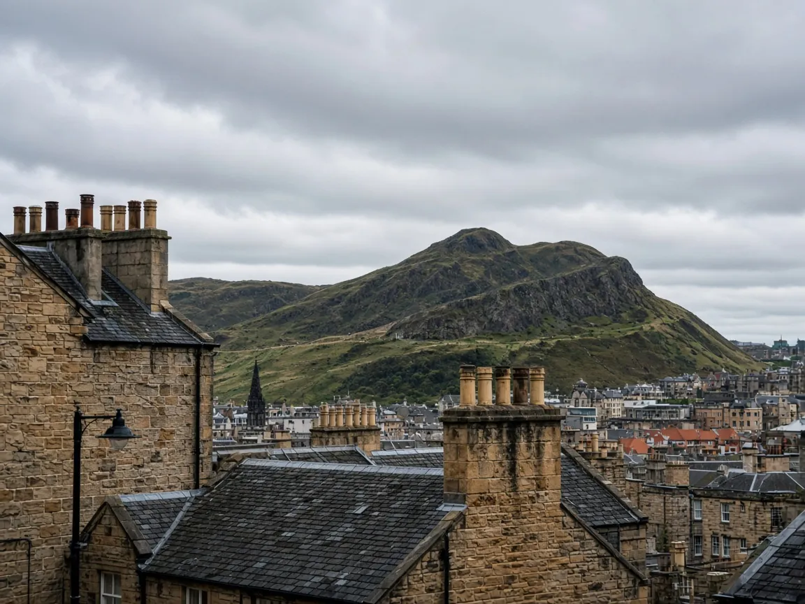 Arthur's Seat beyond sandstone streets in Edinburgh, Scotland