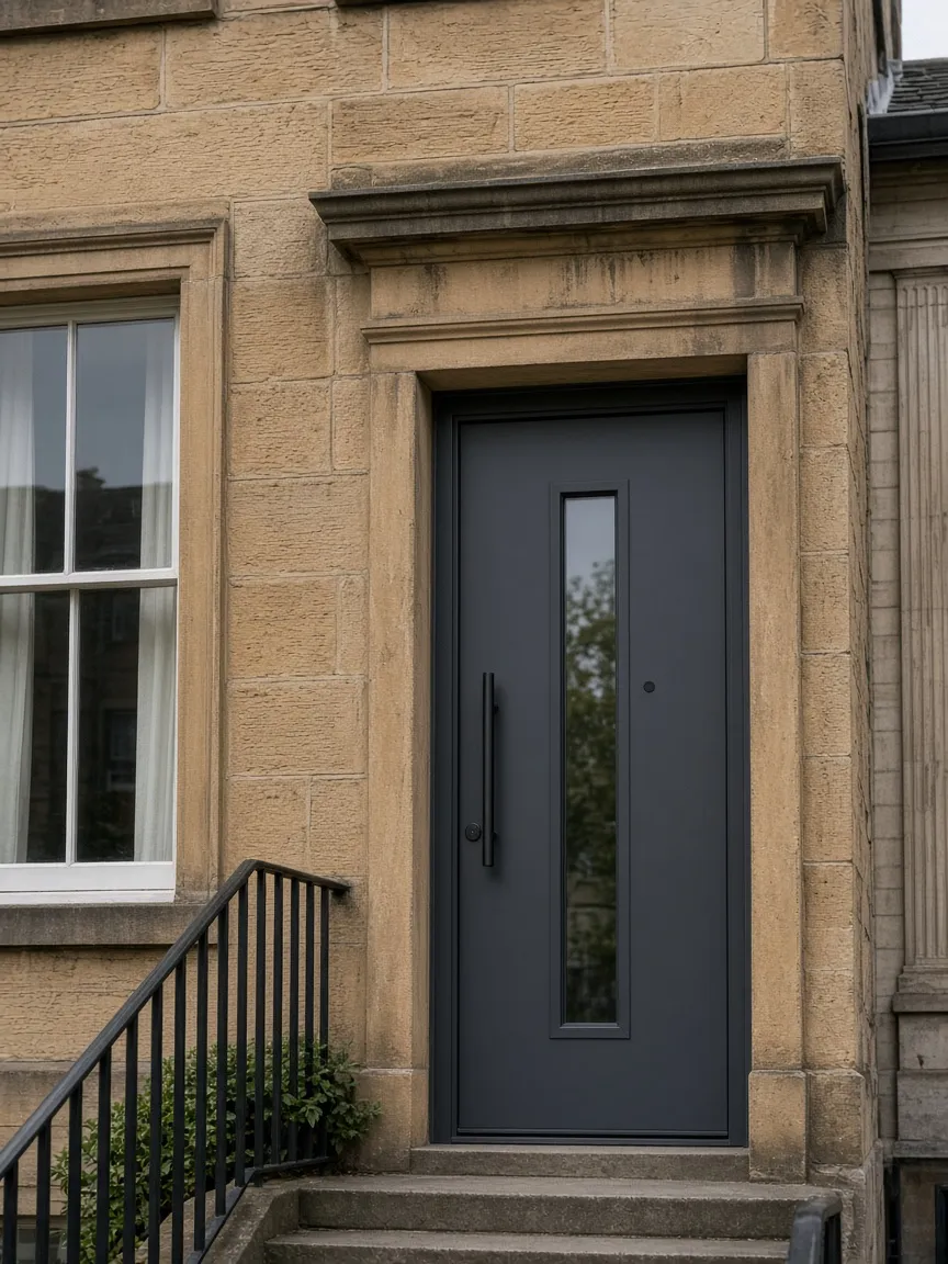 Dark grey composite front door in a sandstone doorway in Edinburgh, Scotland