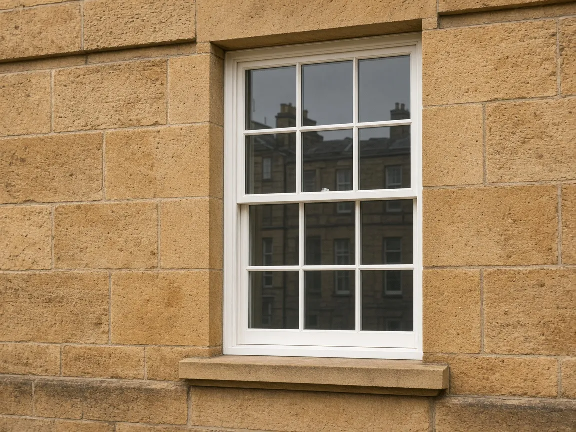 White sash-style window set in a sandstone wall in Edinburgh, Scotland