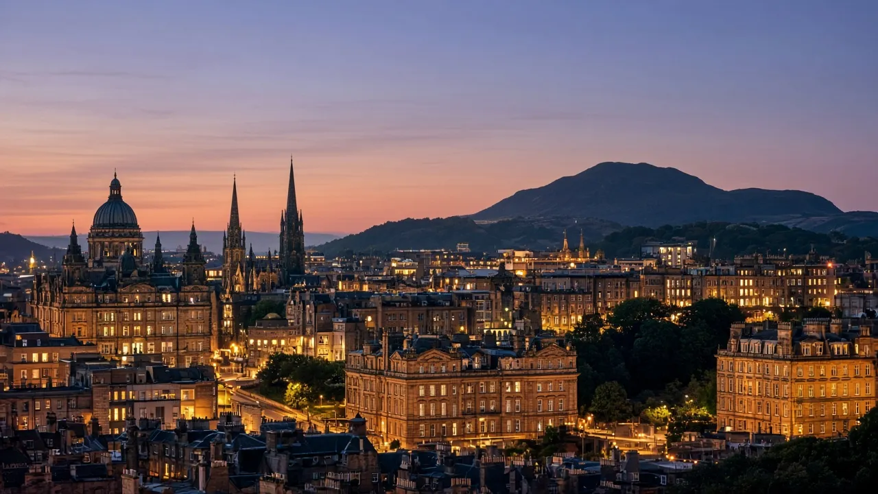 Edinburgh skyline at dusk with sandstone buildings, Edinburgh, Scotland