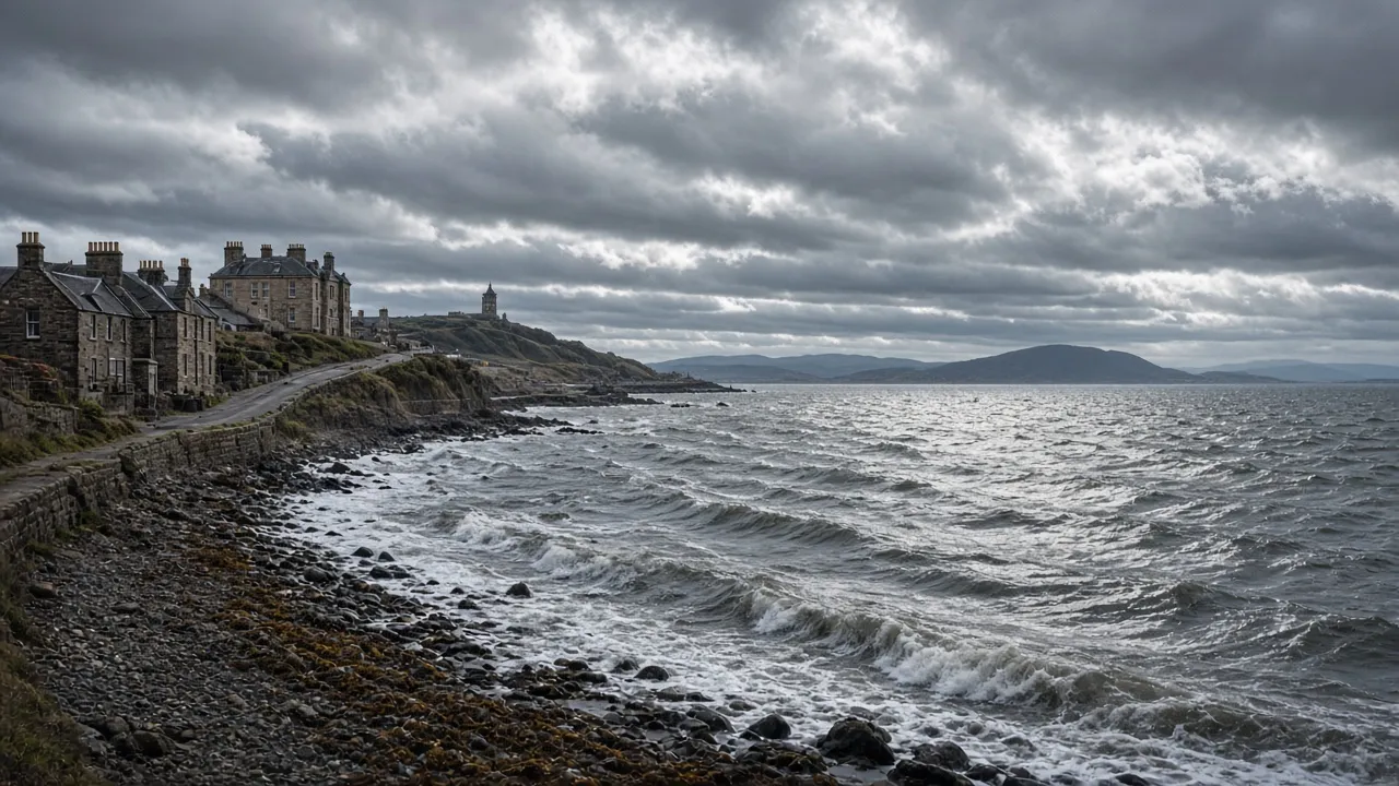 Choppy water and grey sky on the Forth shoreline near Edinburgh, Scotland