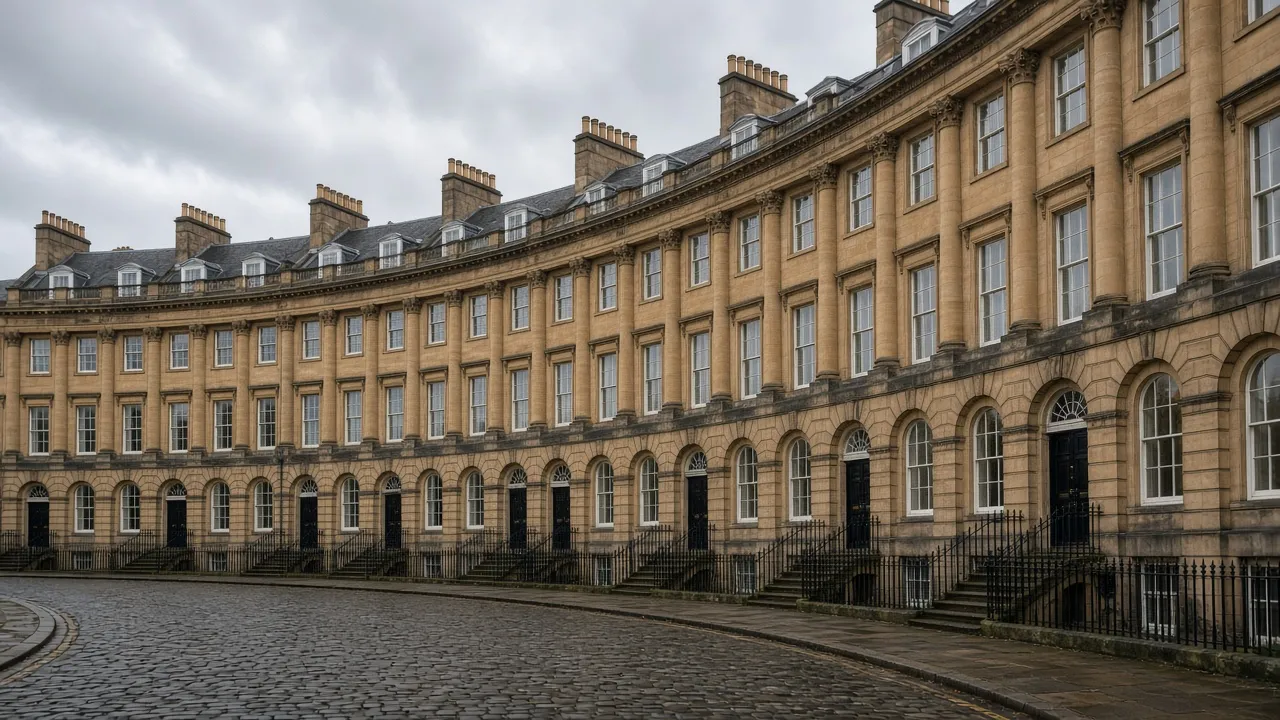 Curved sandstone crescent of tall sash windows in Edinburgh, Scotland