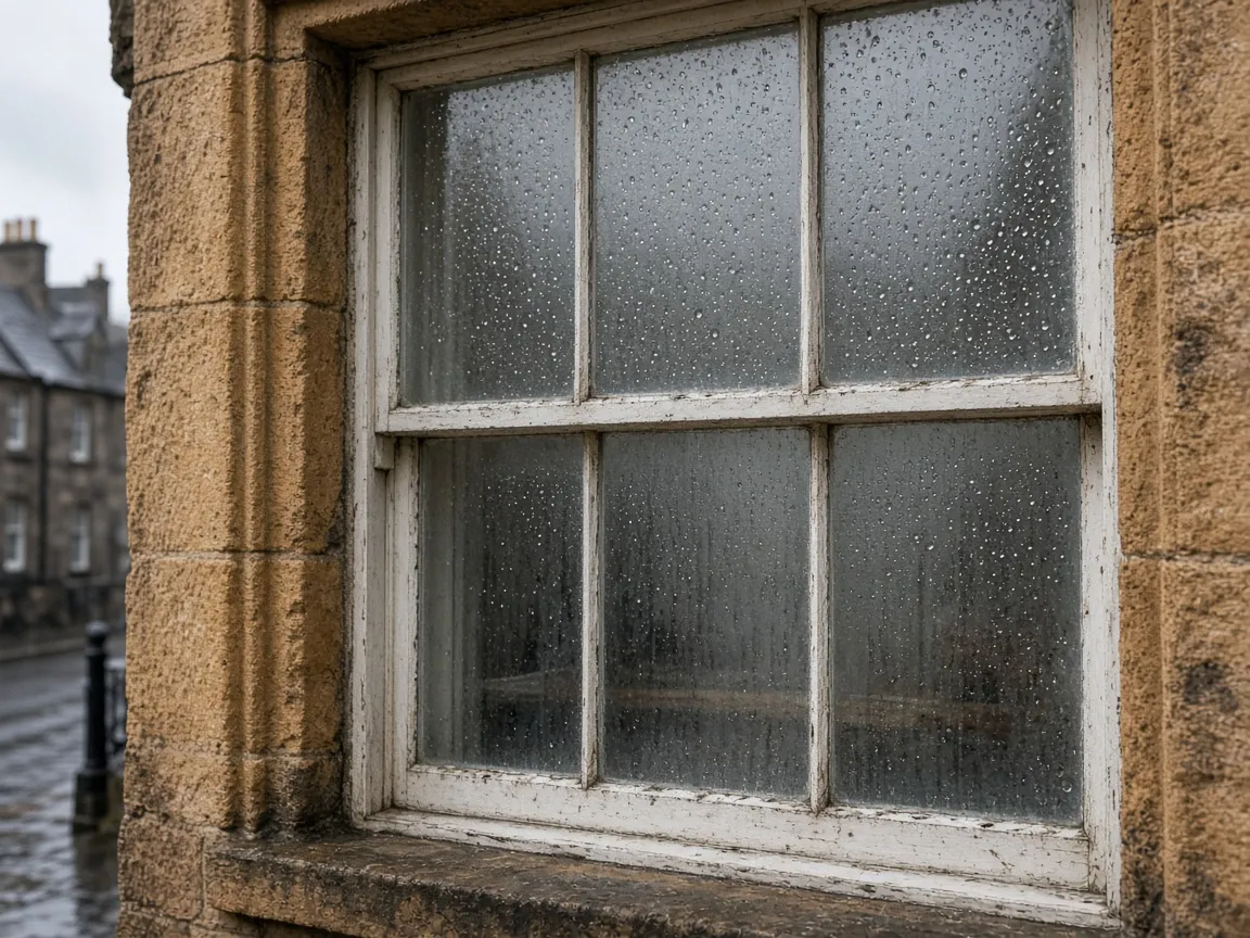 Older sash window with rain and condensation on the glass in Edinburgh, Scotland
