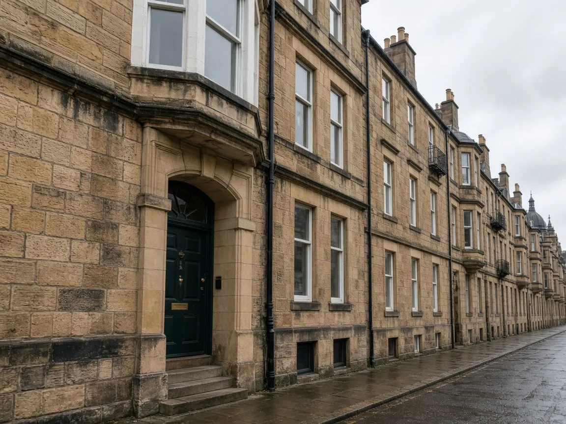 Sandstone tenement street with a shared stair door in Edinburgh, Scotland