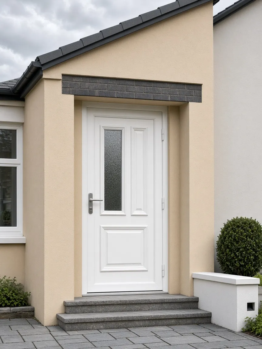 White UPVC front door on a rendered house in Edinburgh, Scotland