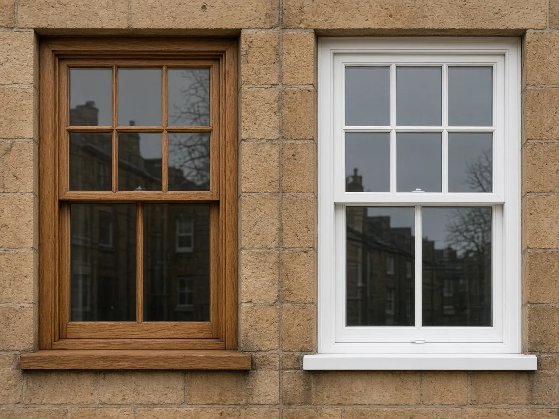 Timber-effect and white UPVC sash-style windows in a sandstone wall in Edinburgh, Scotland